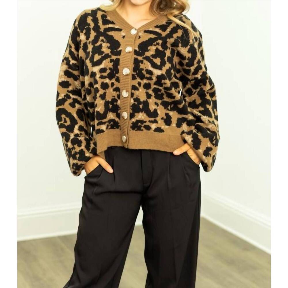 NEW GRACE + EMMA cropped cardigan sweater in brown animal print